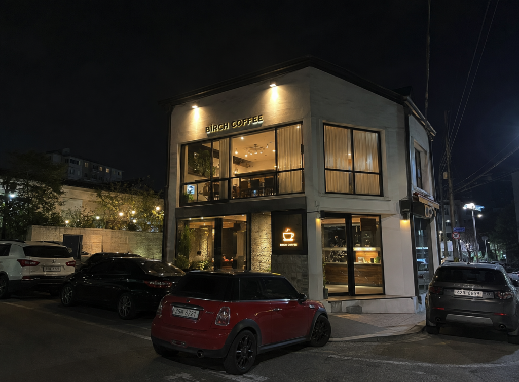 Late-night cafe in Korea with warm lights
