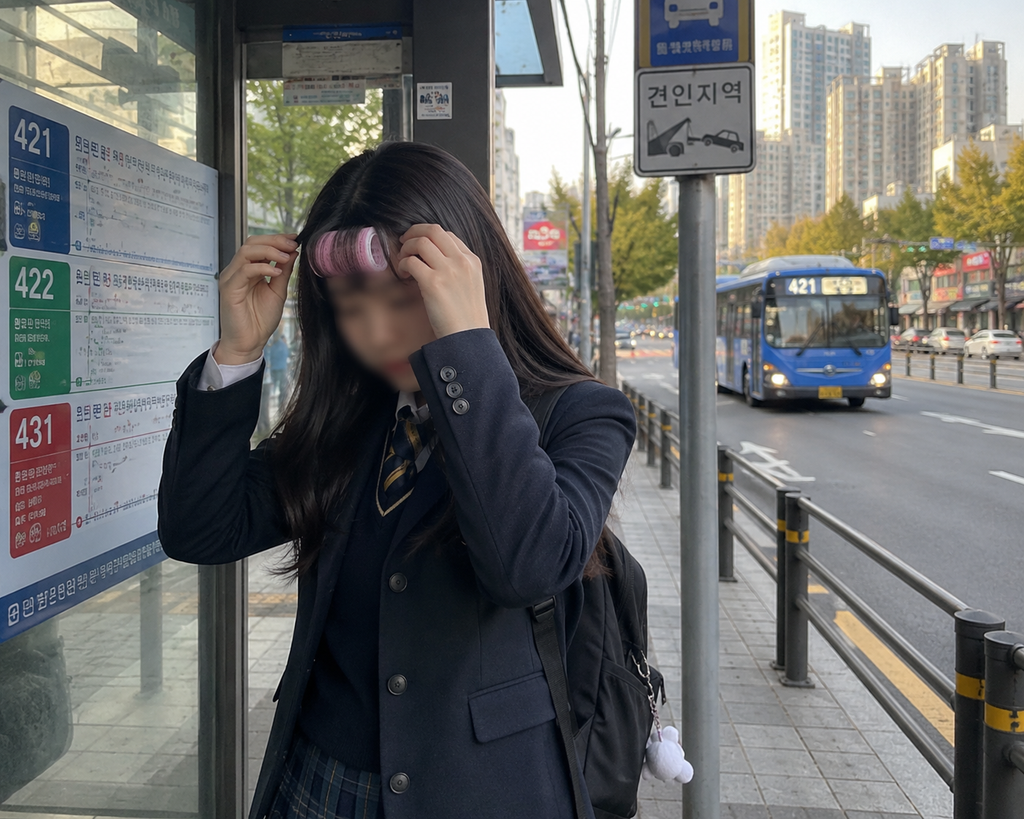 Korean student using a hair roller in public at a bus stop