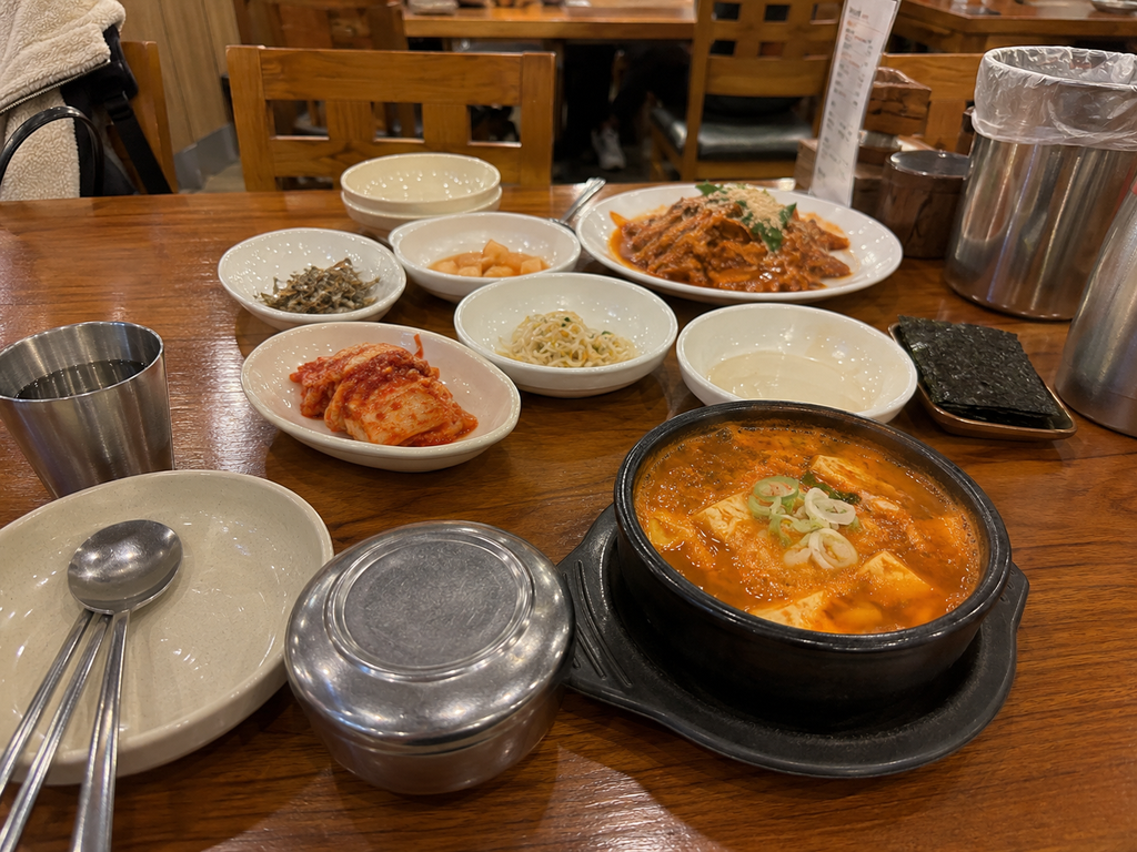 Korean food served at a restaurant table