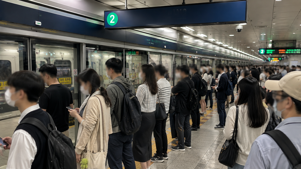 Crowded subway platform in Korea with some passengers wearing masks