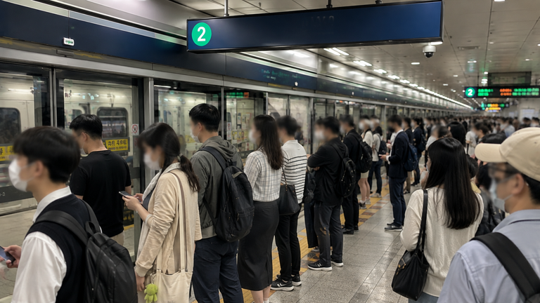 People wearing masks while waiting on a busy subway platform in Korea