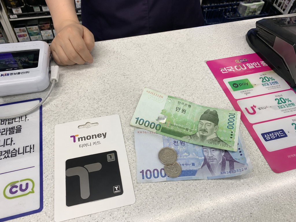Tmoney card and cash for topping up in Korea