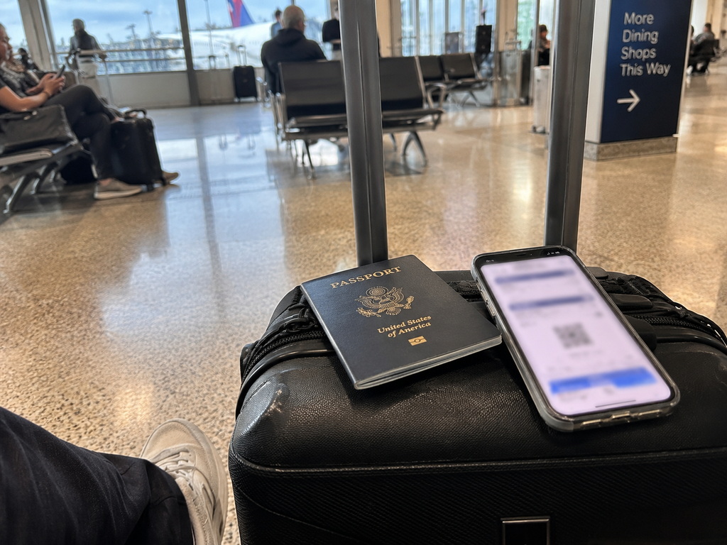 Traveler checking passport and travel information before departing for South Korea