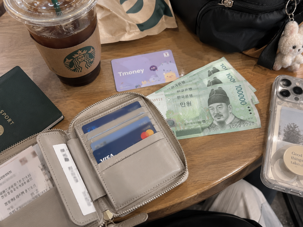 Credit cards, T-money card and Korean won for traveling in Korea