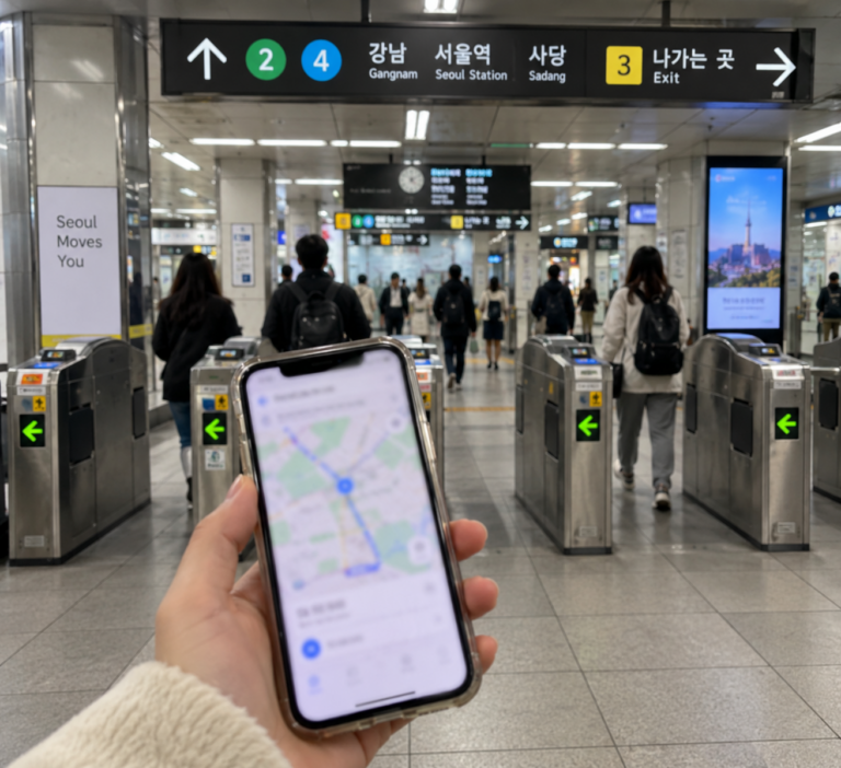 Traveler checking a map on a smartphone inside a Seoul subway station